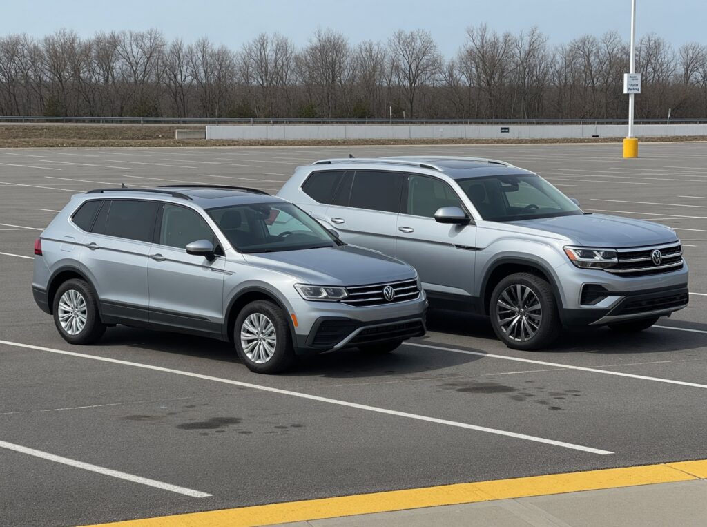 Volkswagen Tiguan and Atlas parked side by side showing size difference between the two seven seater options