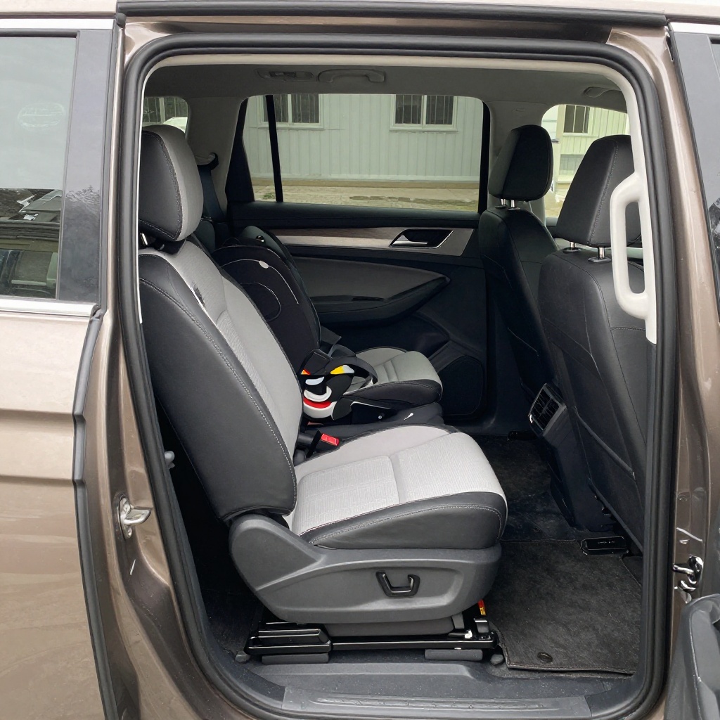 Volkswagen Atlas second row tilted forward showing third-row access with child seat installed