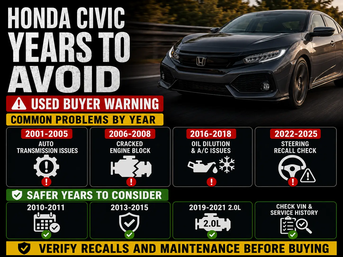 Honda Civic years to avoid with common problems by year and safer used Civic years