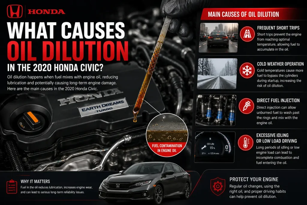 Diagram showing how cold starts and short trips can contribute to oil dilution in a 2020 Honda Civic 1.5T