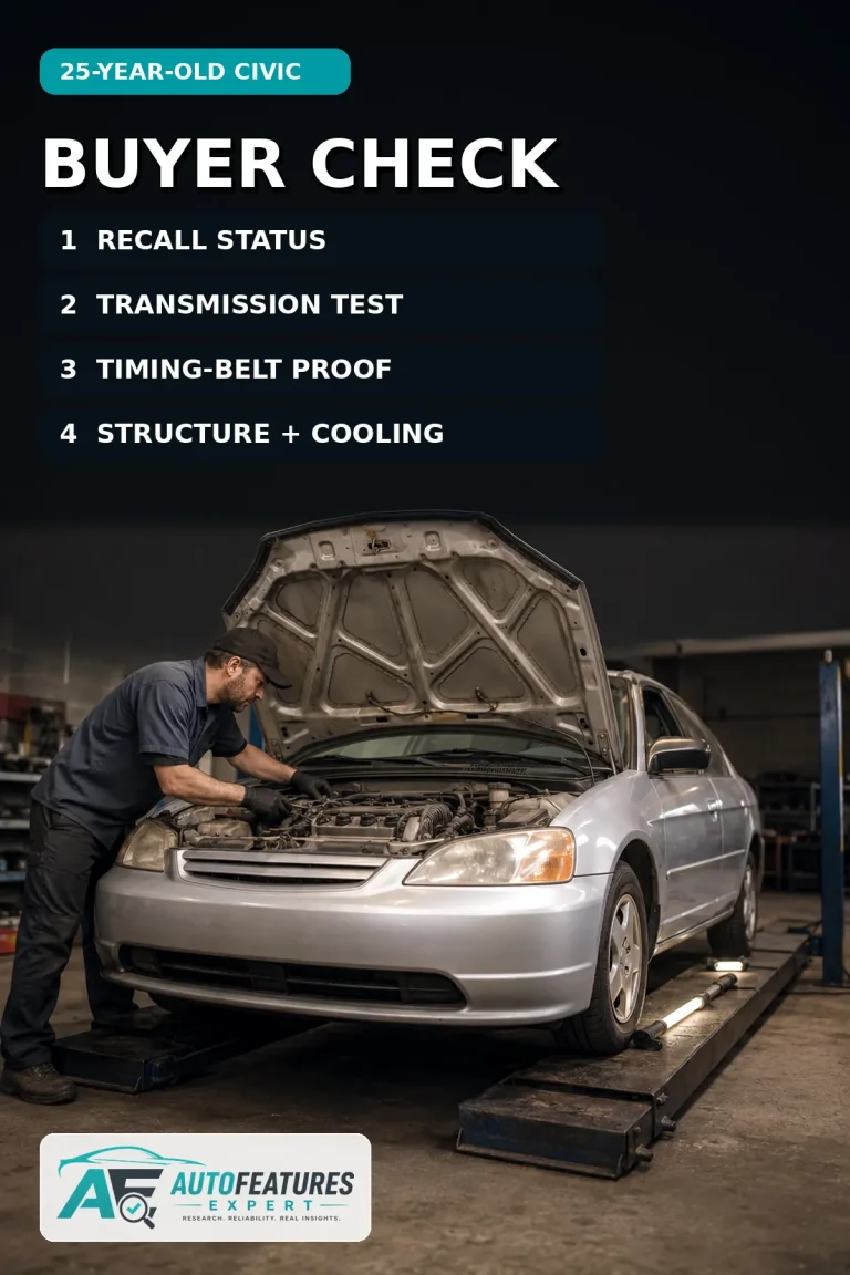 Mechanic inspecting a 2001 Honda Civic cooling system, timing-belt history and structural condition