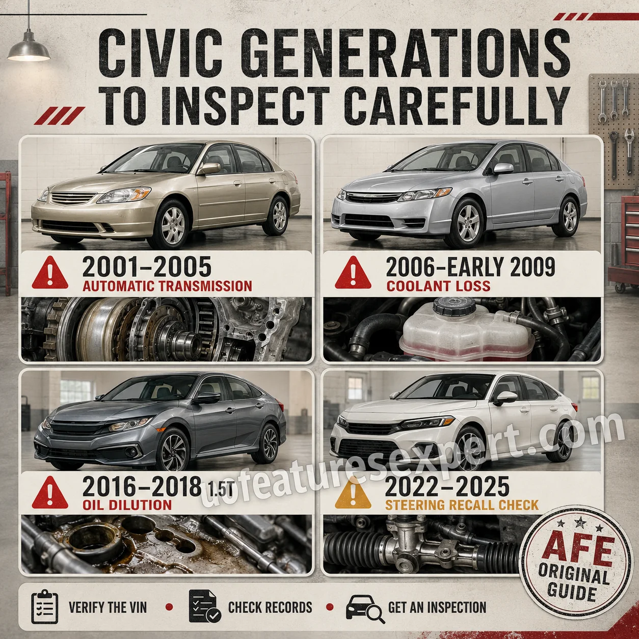 Honda Civic generations to inspect carefully for transmission, coolant loss, oil dilution and steering recall concerns
