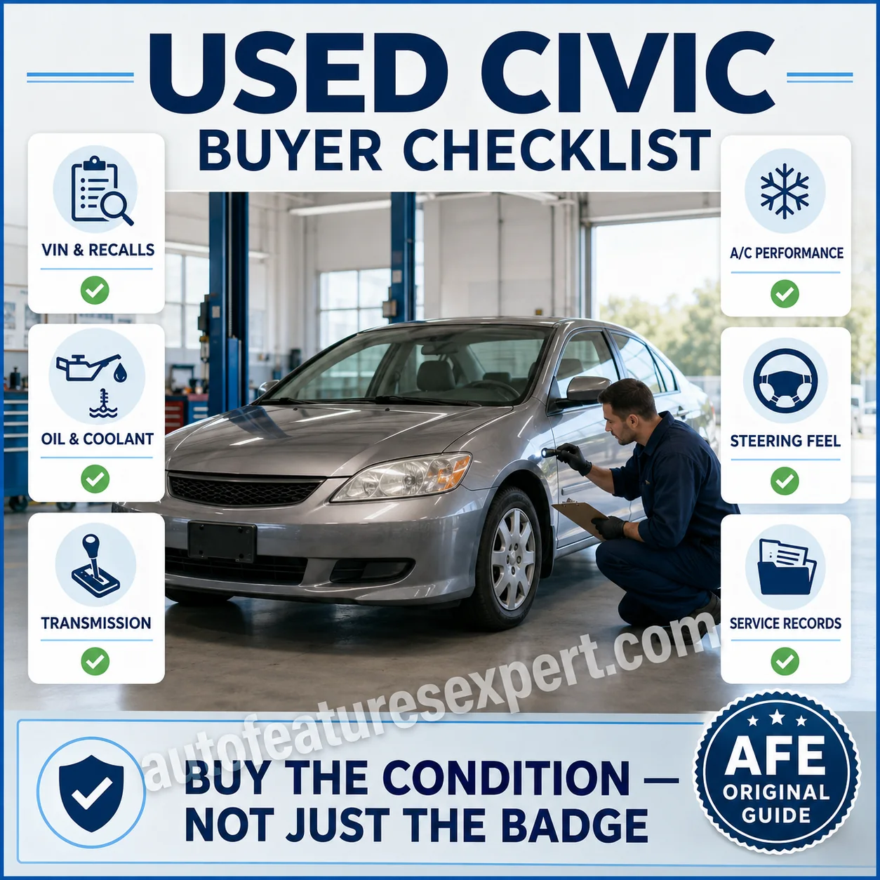 Used Honda Civic buyer checklist for recalls, fluids, transmission, air conditioning, steering and service records