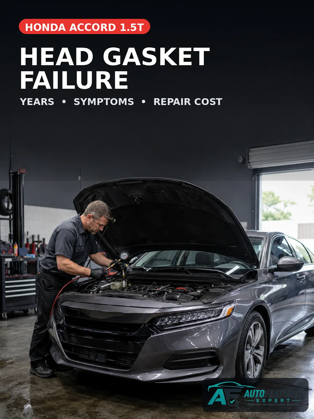 Mechanic pressure-testing a Honda Accord 1.5T for possible head gasket coolant intrusion