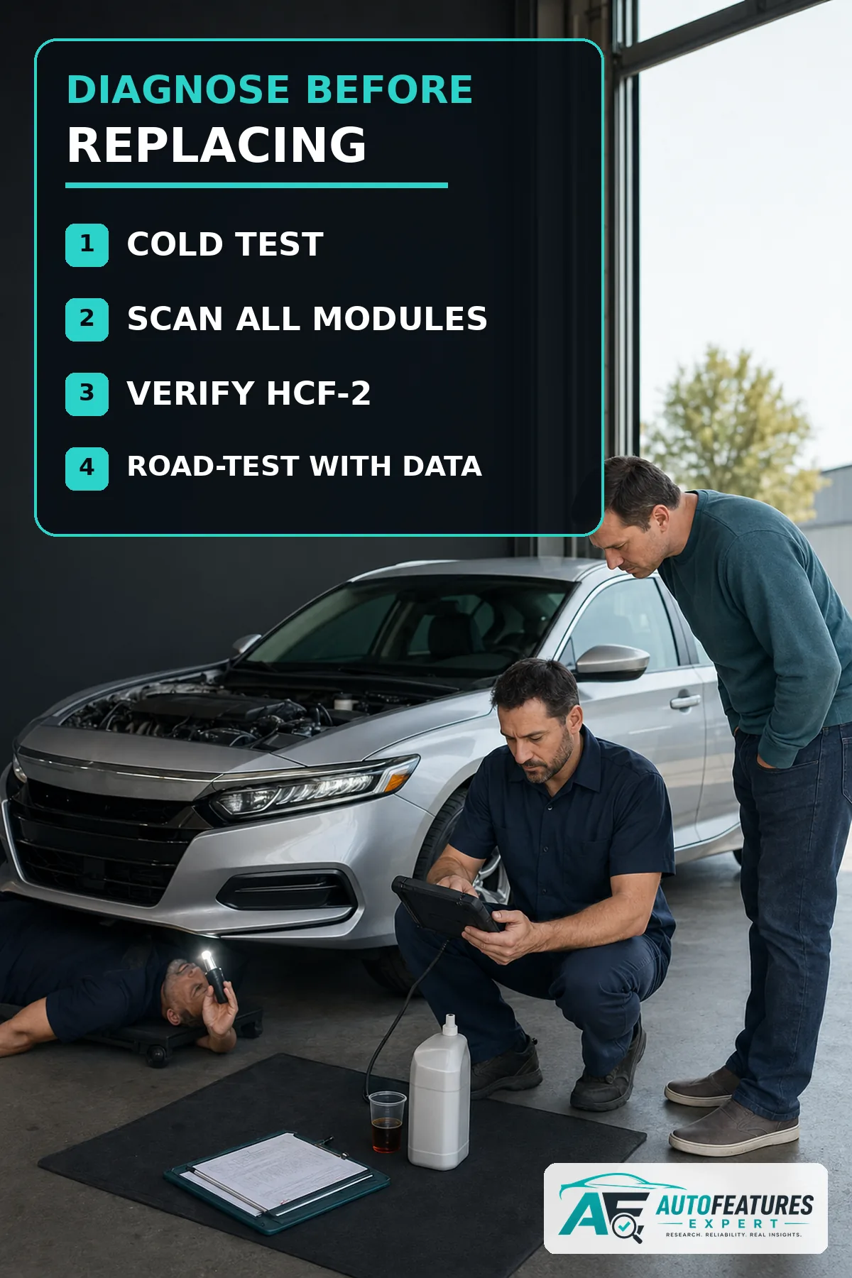 Buyer and technicians inspecting a Honda Accord using a cold test scan tool HCF-2 verification and data road test checklist