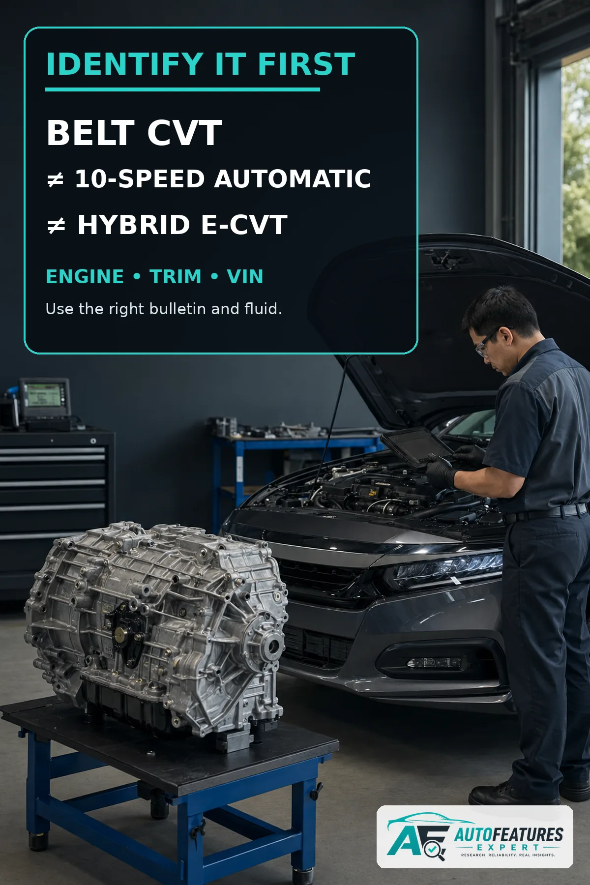 Technician verifying a Honda Accord powertrain beside a CVT assembly with belt CVT 10-speed and hybrid e-CVT comparison text