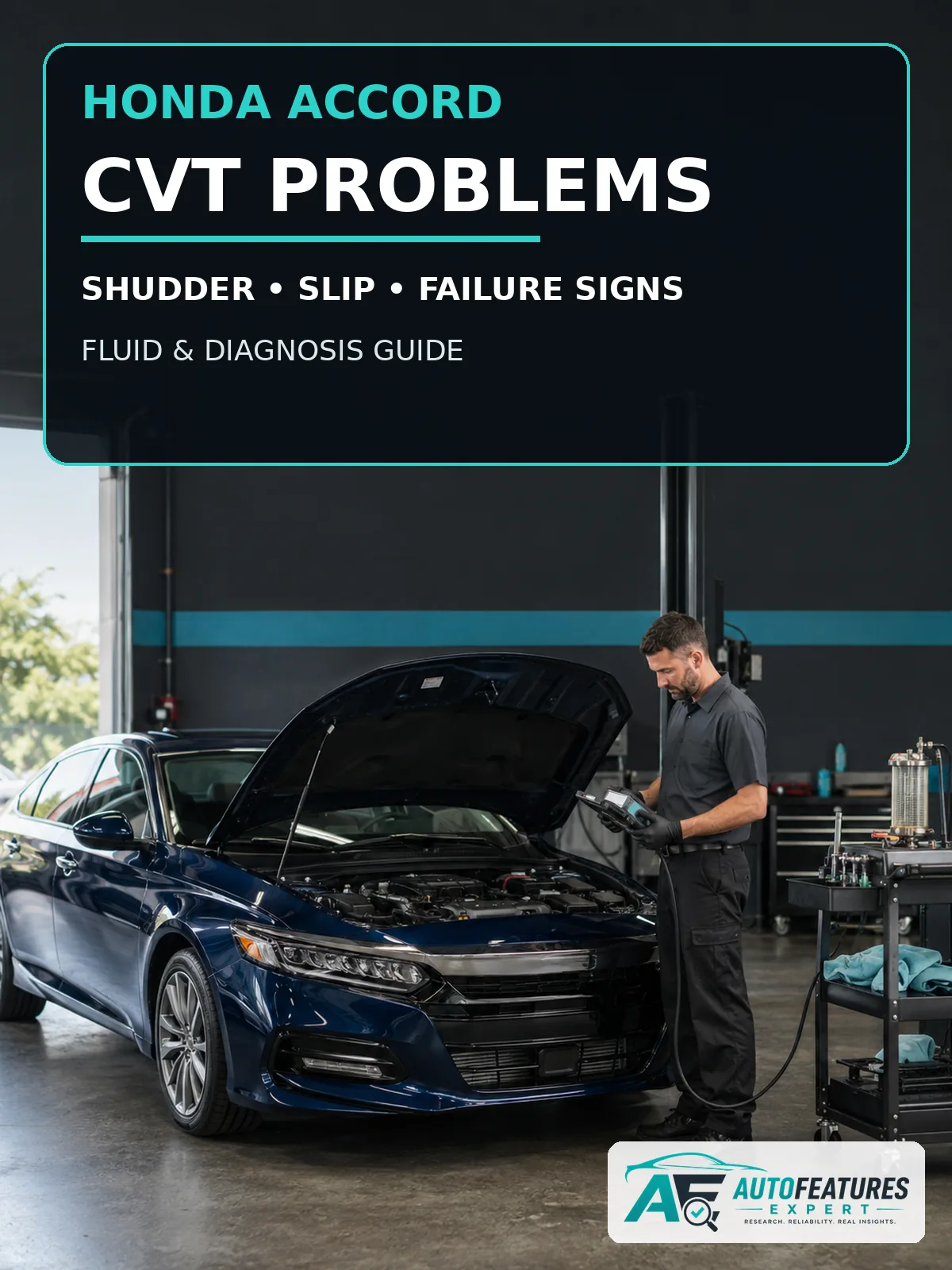Honda Accord undergoing CVT diagnosis with shudder slip and failure signs guide text