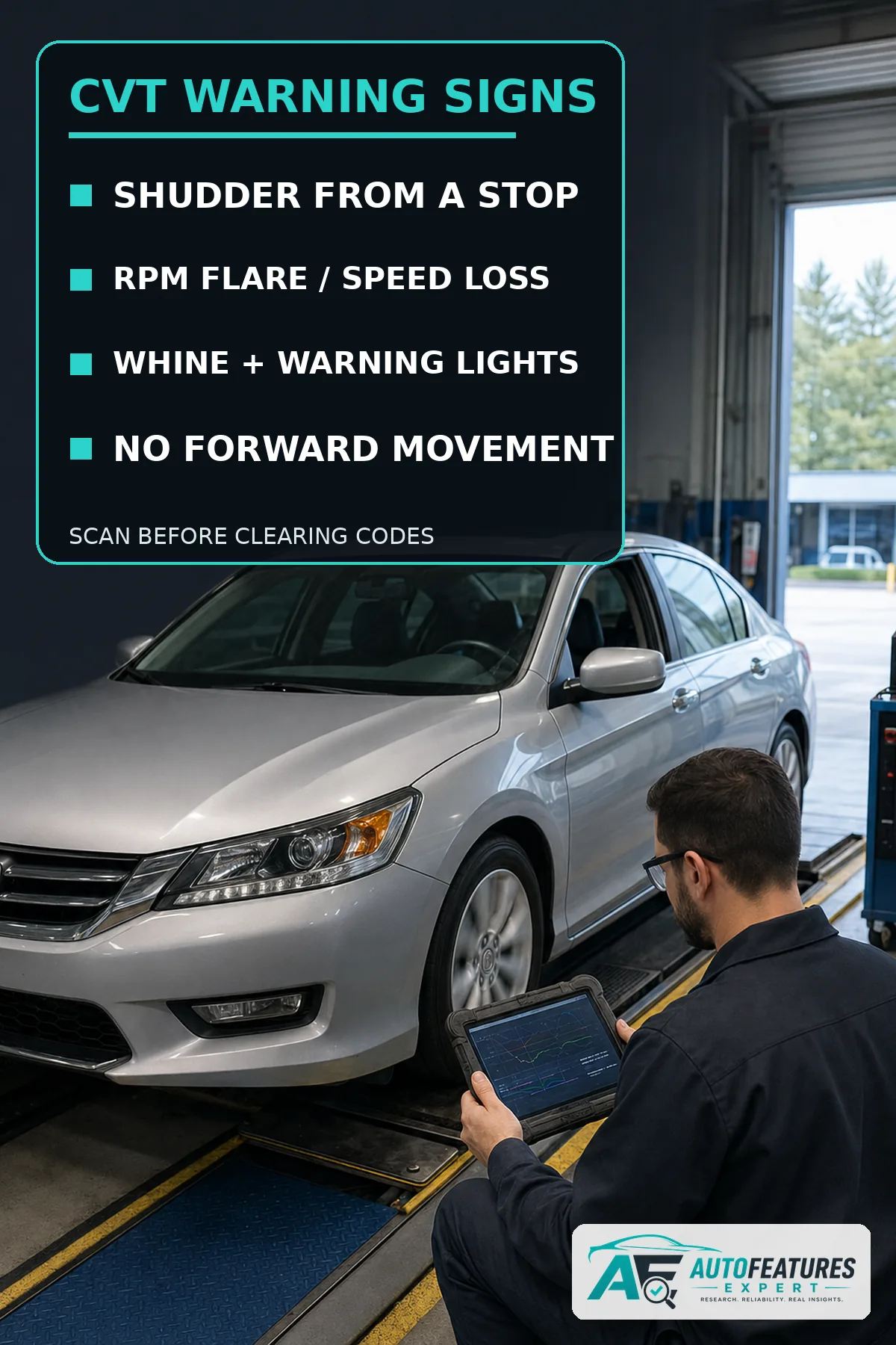 Technician testing a Honda Accord CVT for shudder RPM flare whine warning lights and loss of forward movement