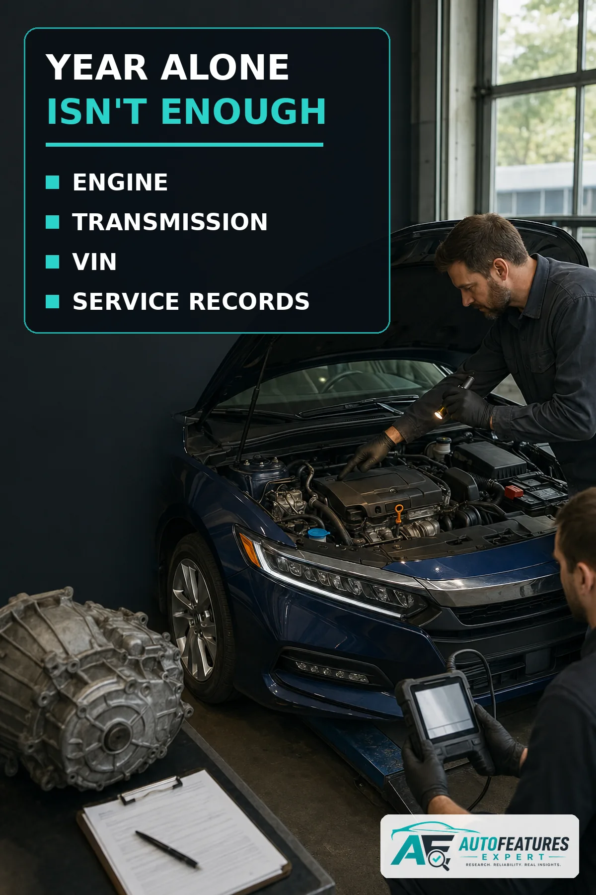 Mechanics inspecting a Honda Accord engine transmission VIN and service records before purchase