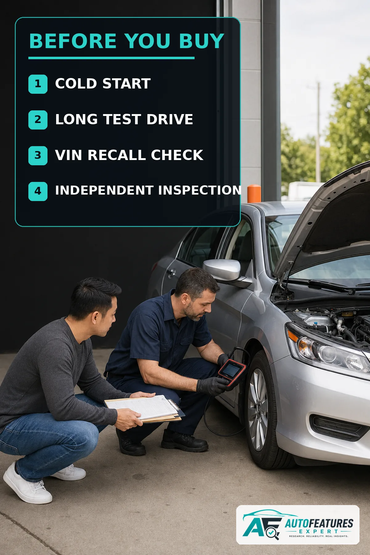Buyer and mechanic inspecting a used Honda Accord with cold-start test drive VIN recall check and independent inspection checklist