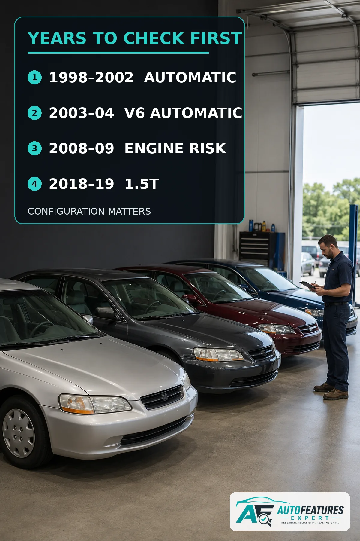 Honda Accord models from different generations with high-priority years and powertrains to inspect before buying