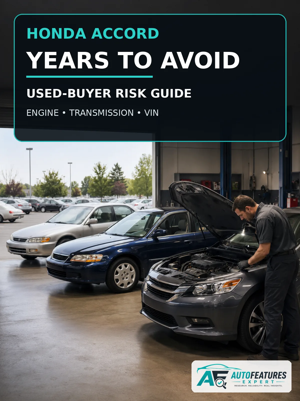 Several Honda Accord generations in an inspection garage with a mechanic and Honda Accord years to avoid buying guide text