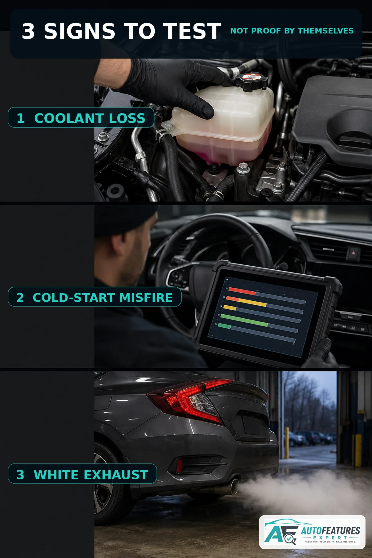 Vertical guide to Honda Civic 1.5T coolant loss cold-start misfire and white exhaust signs