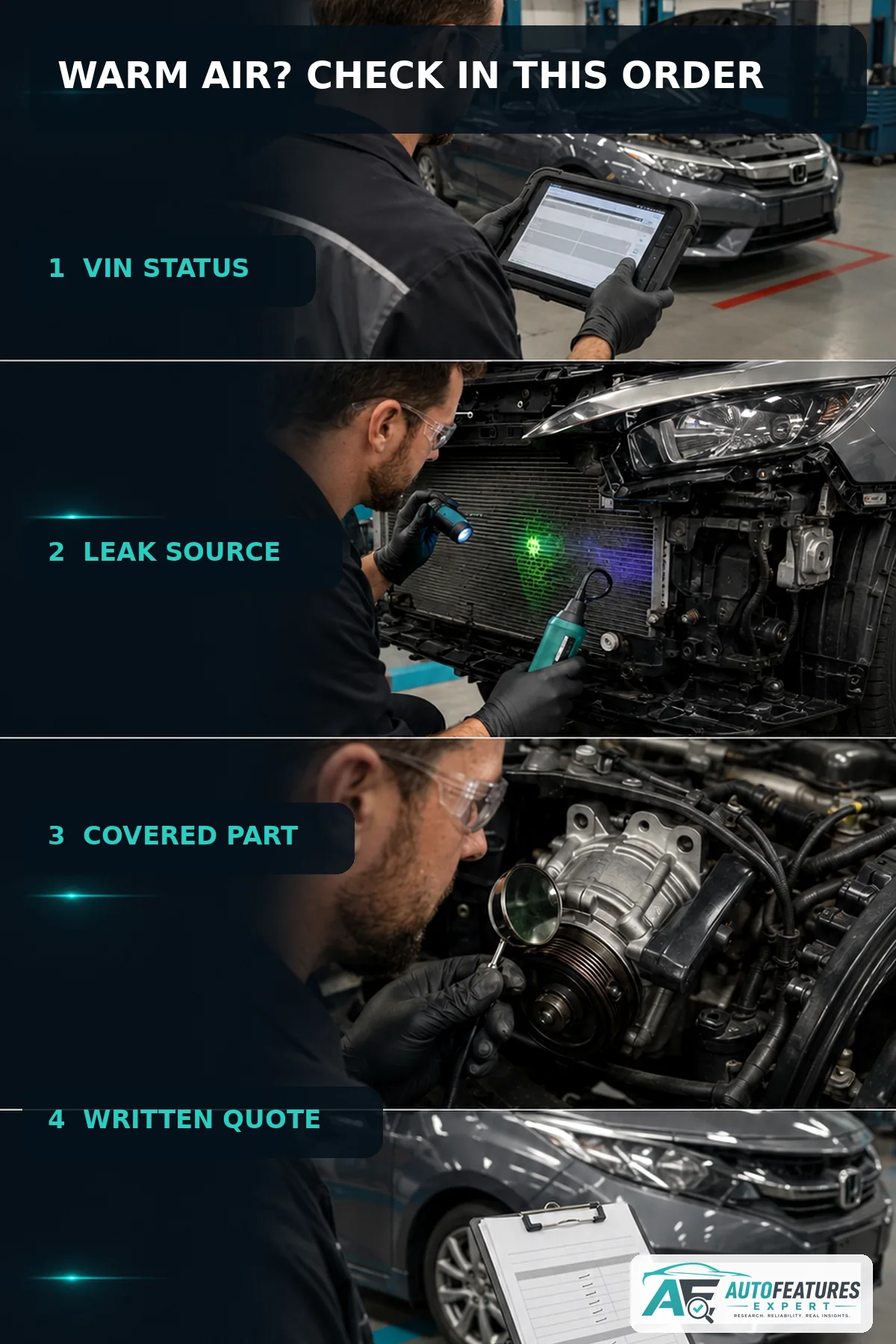 Vertical four-step Honda Civic A/C diagnosis from VIN status to written repair quote