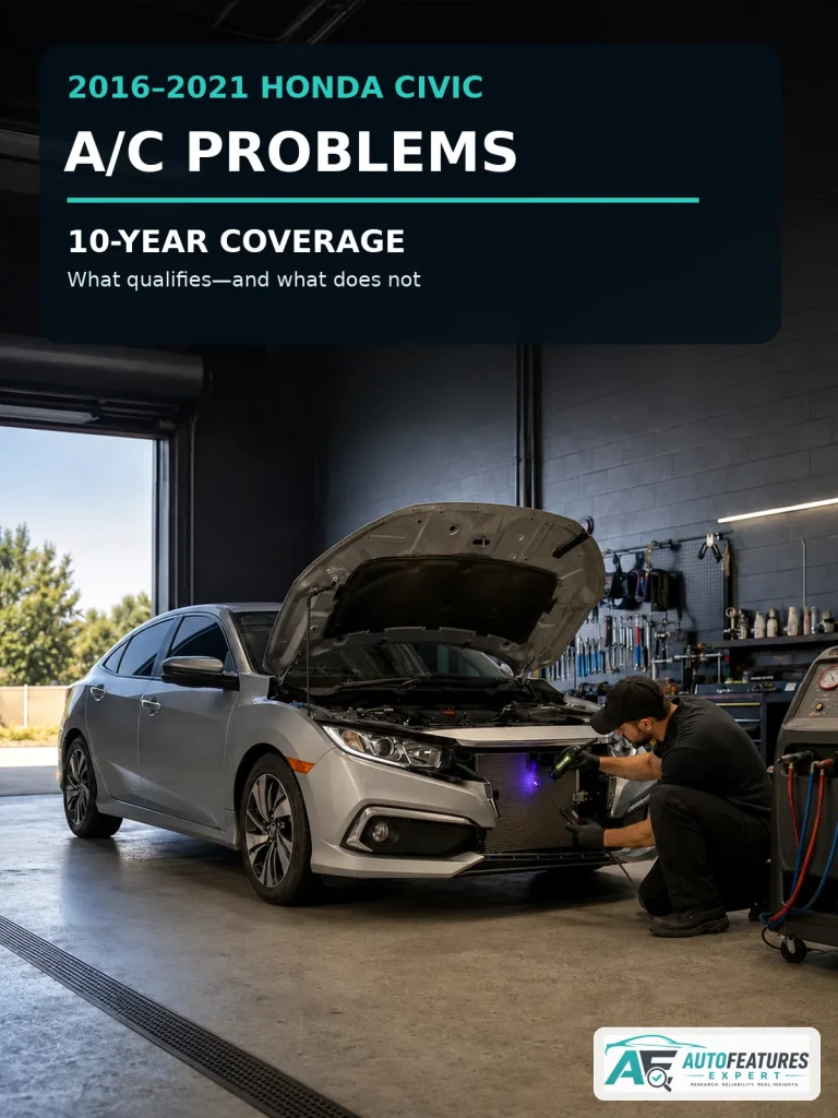 Technician checking a 2016–2021 Honda Civic A/C condenser with 10-year coverage headline