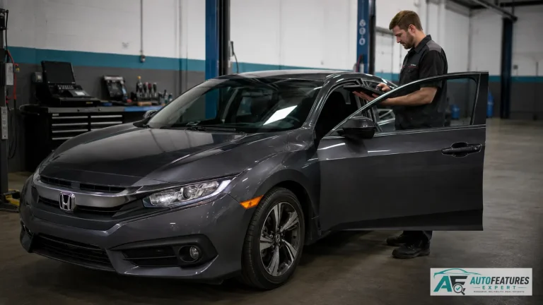 Technician diagnosing a Honda Civic CVT with a scan tool in a transmission workshop