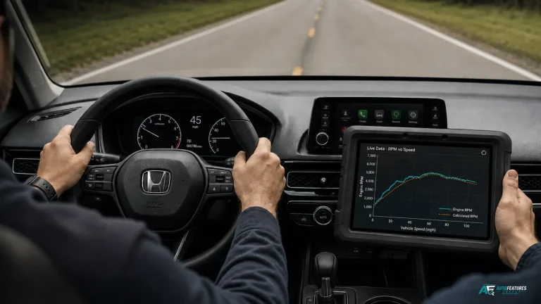 Mechanic road-testing a Honda Civic while comparing engine RPM and vehicle speed for signs of transmission slip