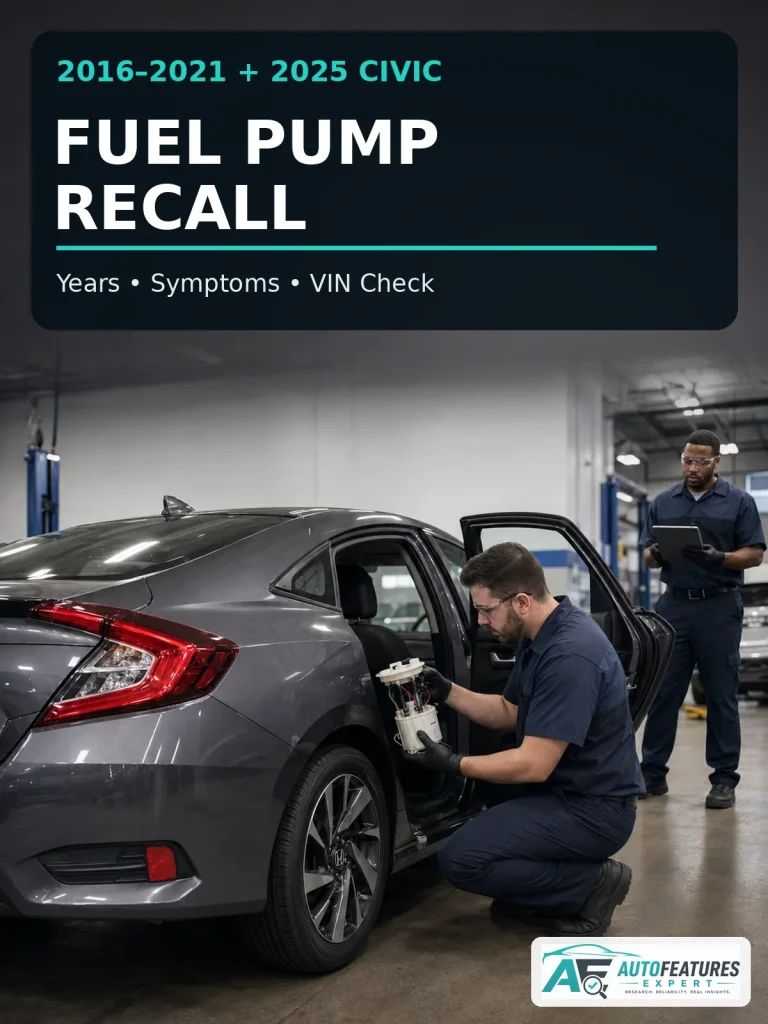 Technician inspecting a Honda Civic in-tank fuel pump during a recall service