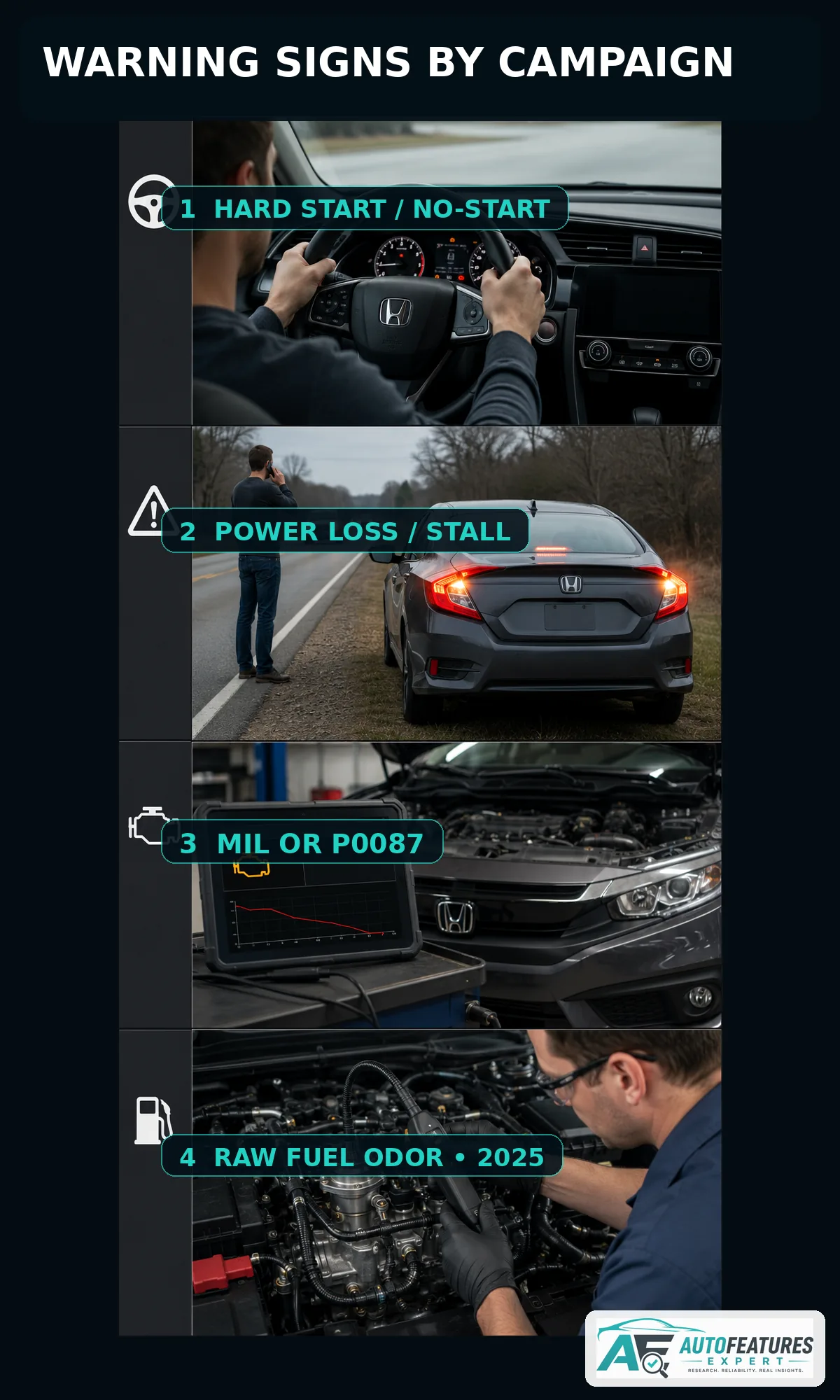 Honda Civic fuel pump recall warning signs including hard starting stalling P0087 and fuel odor