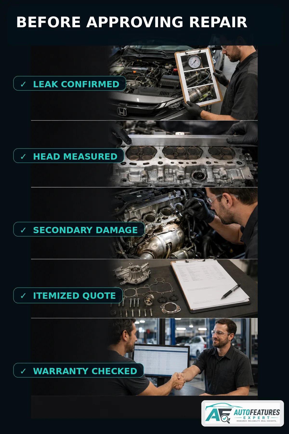 Checklist to review before approving Honda Civic 1.5T head gasket repair