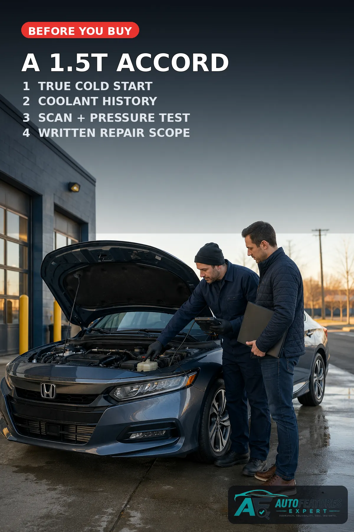 Buyer and mechanic checking coolant and scan data on a used Honda Accord 1.5T