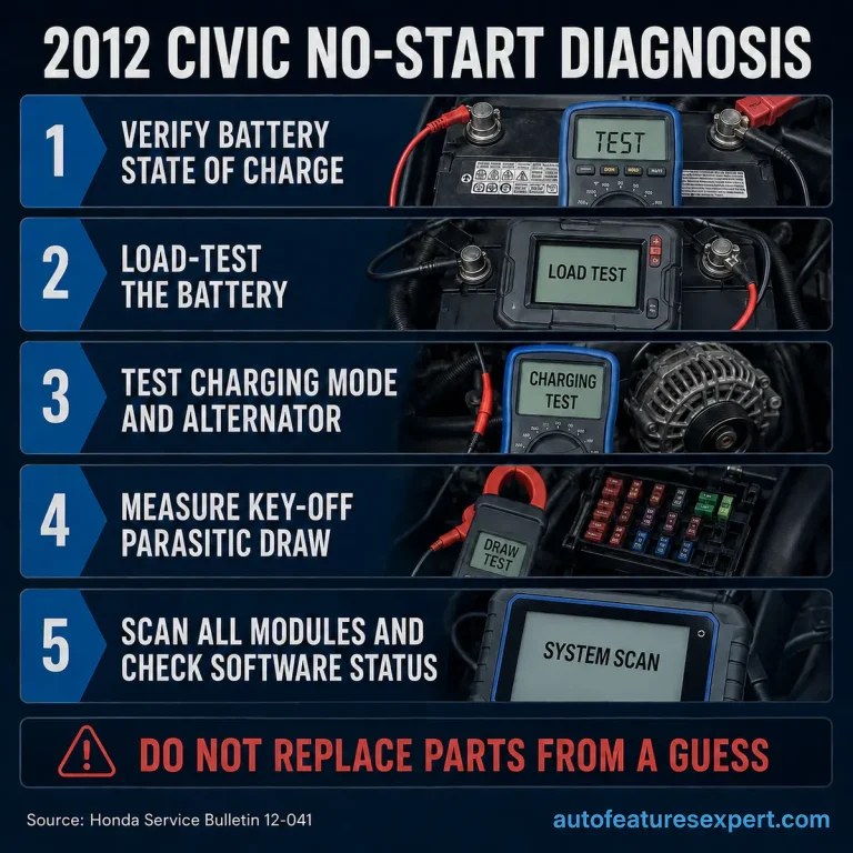 2012 Honda Civic no-start diagnostic infographic covering battery state, load test, charging system, parasitic draw and module scan