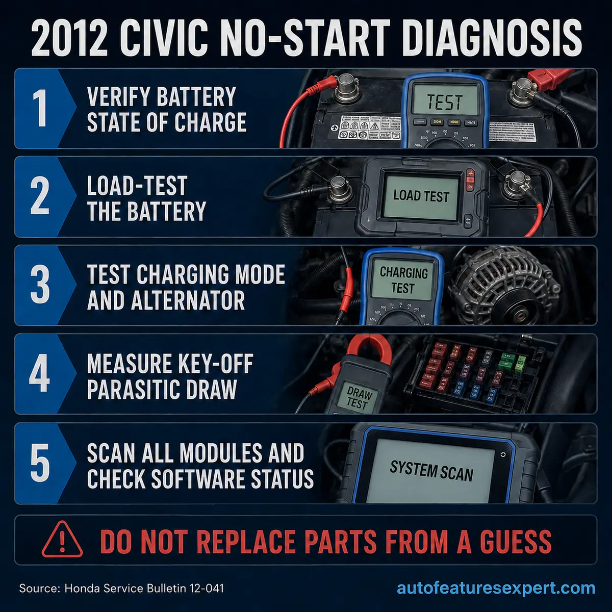 2012 Honda Civic no-start diagnostic infographic covering battery state, load test, charging system, parasitic draw and module scan