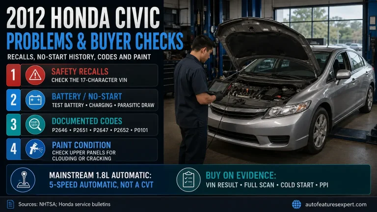 2012 Honda Civic problems infographic covering recalls, no-start diagnosis, documented codes, paint condition and buyer checks