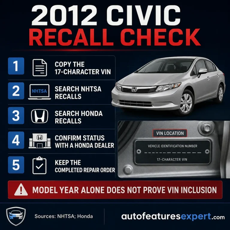 2012 Honda Civic VIN recall check infographic using NHTSA, Honda and dealer confirmation