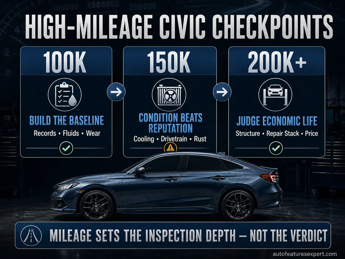 High-mileage Honda Civic checkpoints at 100K, 150K and 200K miles