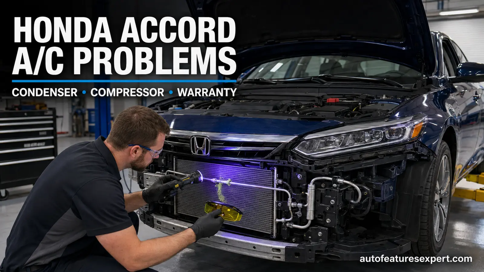 Honda Accord A/C problems condenser leak inspection in a service bay