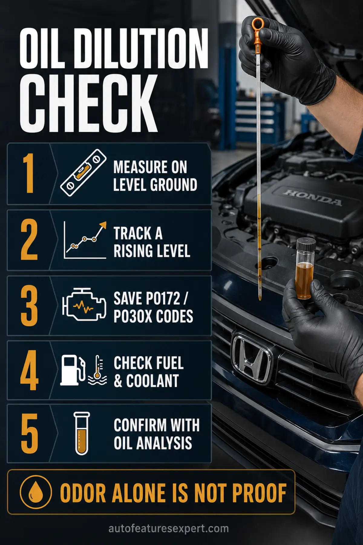 Five-step Honda Accord oil dilution check using oil level tracking, scan codes, fuel and coolant checks, and oil analysis