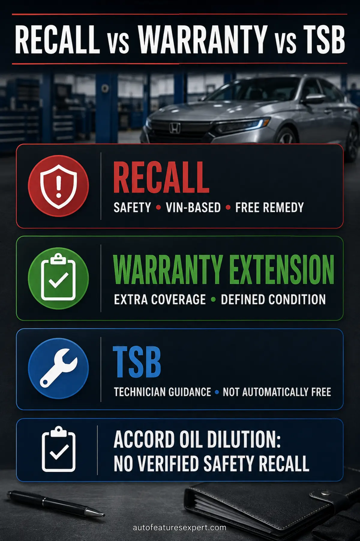 Recall, warranty extension and technical service bulletin differences for Honda Accord oil dilution research