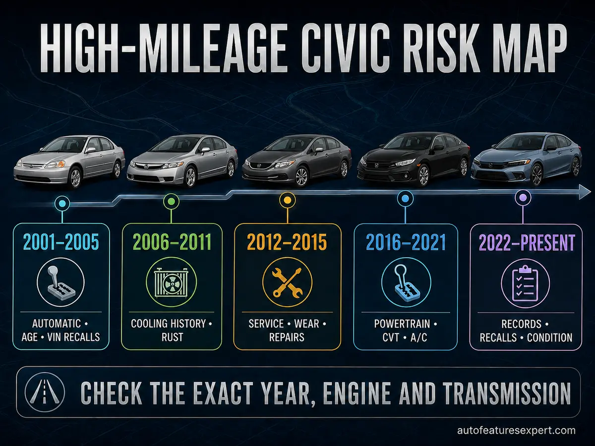 Honda Civic high-mileage inspection priorities by generation from 2001 to present