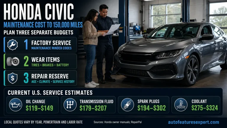 Honda Civic maintenance cost infographic showing service, wear and repair-reserve budgets plus current U.S. service estimates