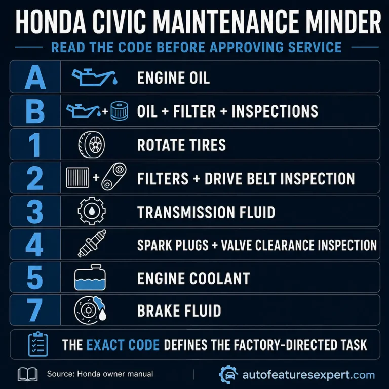 Honda Civic Maintenance Minder code infographic for A, B, 1, 2, 3, 4, 5 and 7 services