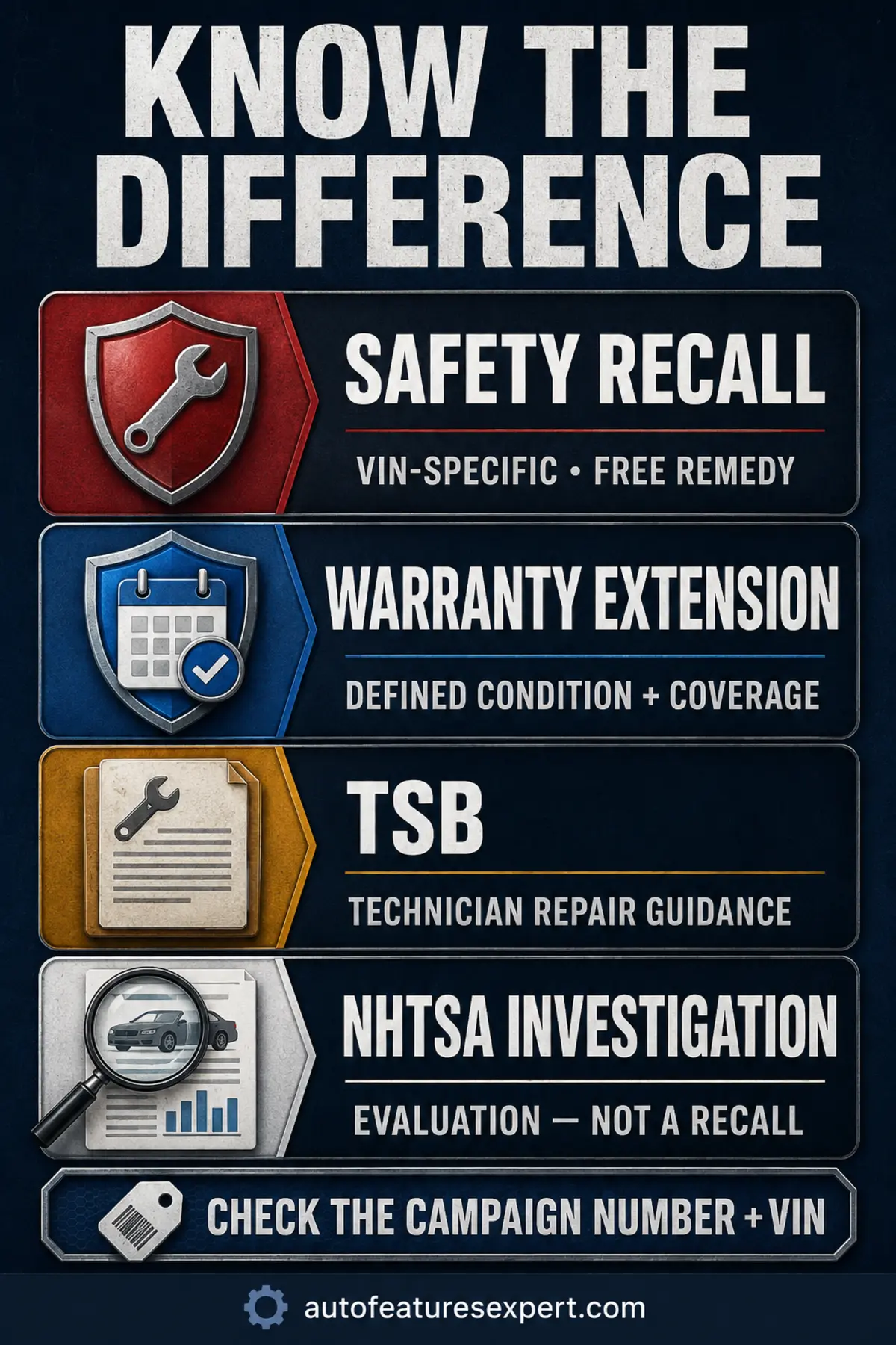 Difference between a safety recall, warranty extension, TSB, and NHTSA investigation