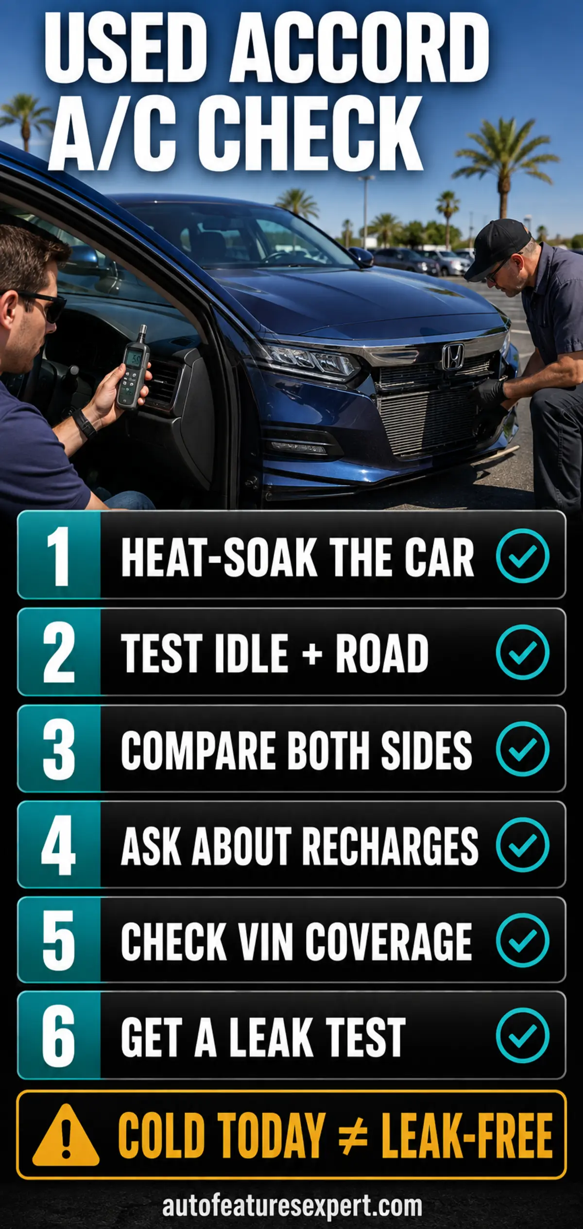Used Honda Accord A/C heat-soak road-test and VIN inspection checklist