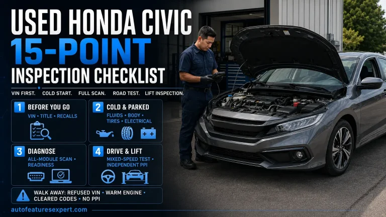 Used Honda Civic 15-point inspection checklist infographic with VIN, cold-start, scan, road-test and lift checks