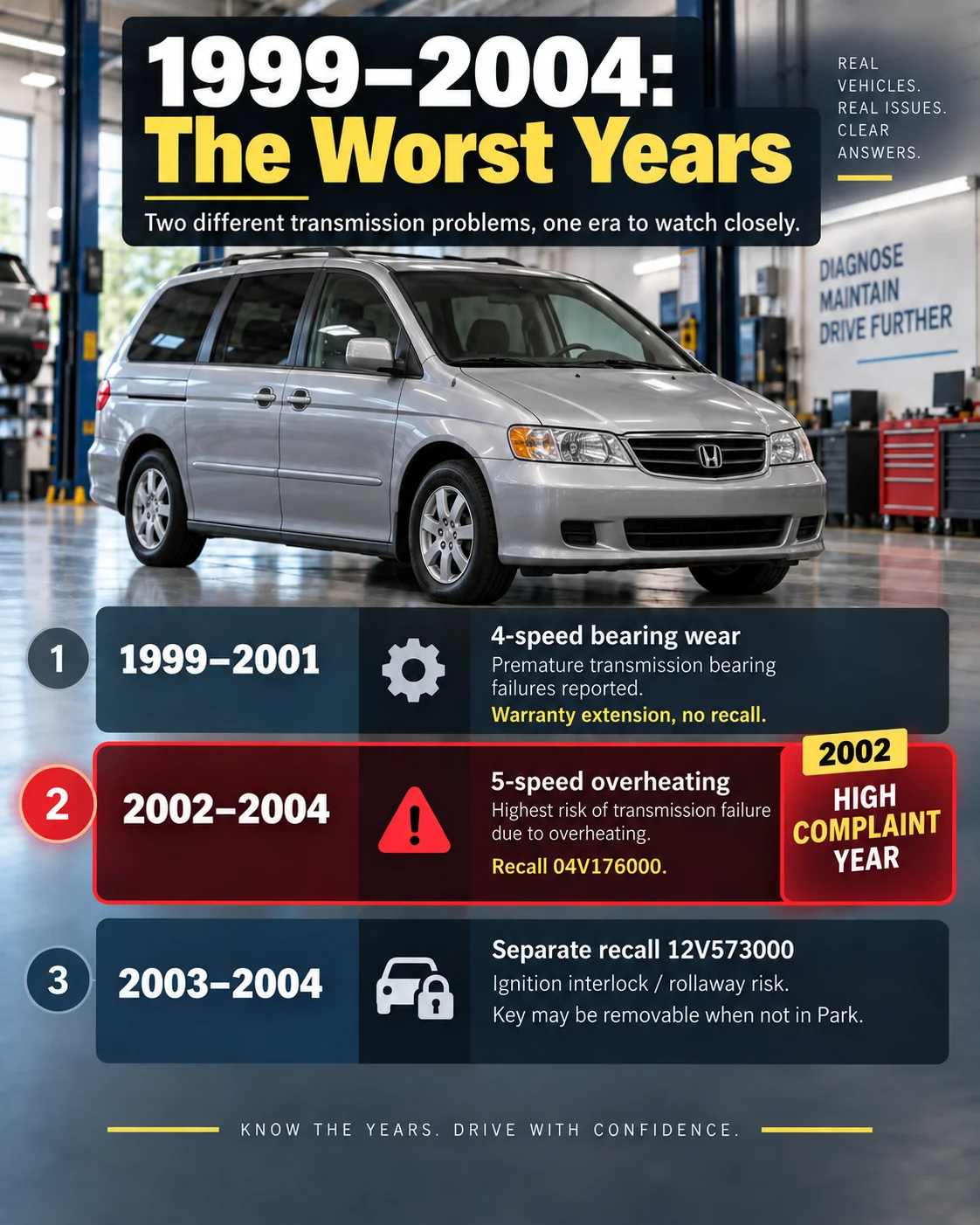 Early Honda Odyssey transmission problems: 1999–2001 bearing wear, 2002–2004 second-gear overheating, and the separate 2003–2004 ignition-interlock recall.