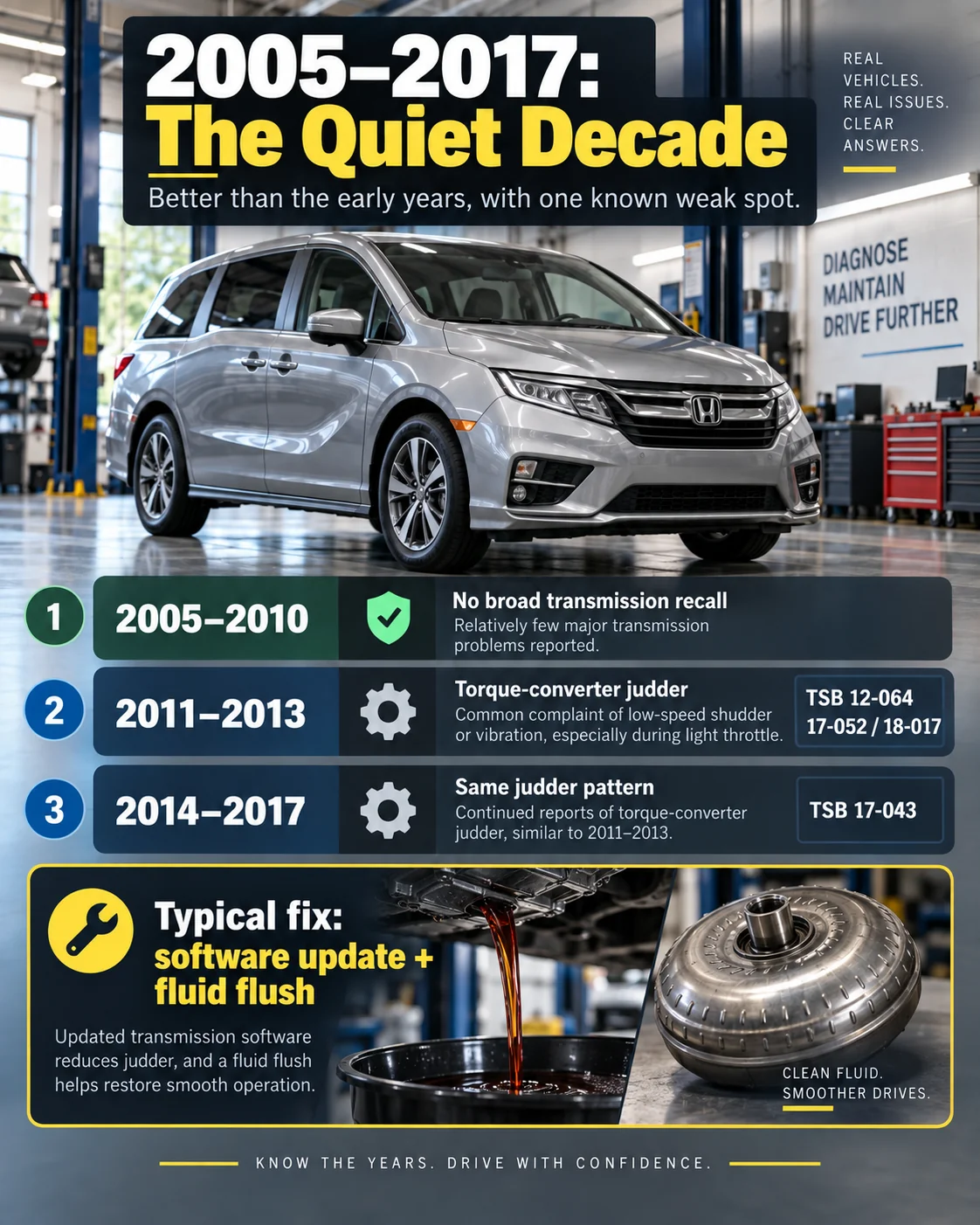 Honda Odyssey transmission guide covering 2005–2010 models and judder service bulletins for 2011–2017 models.