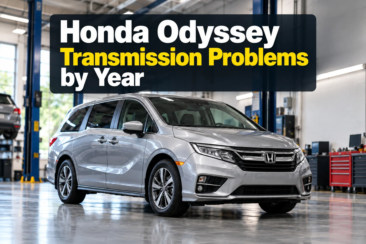 Silver Honda Odyssey in a workshop, illustrating a guide to transmission problems by model year.