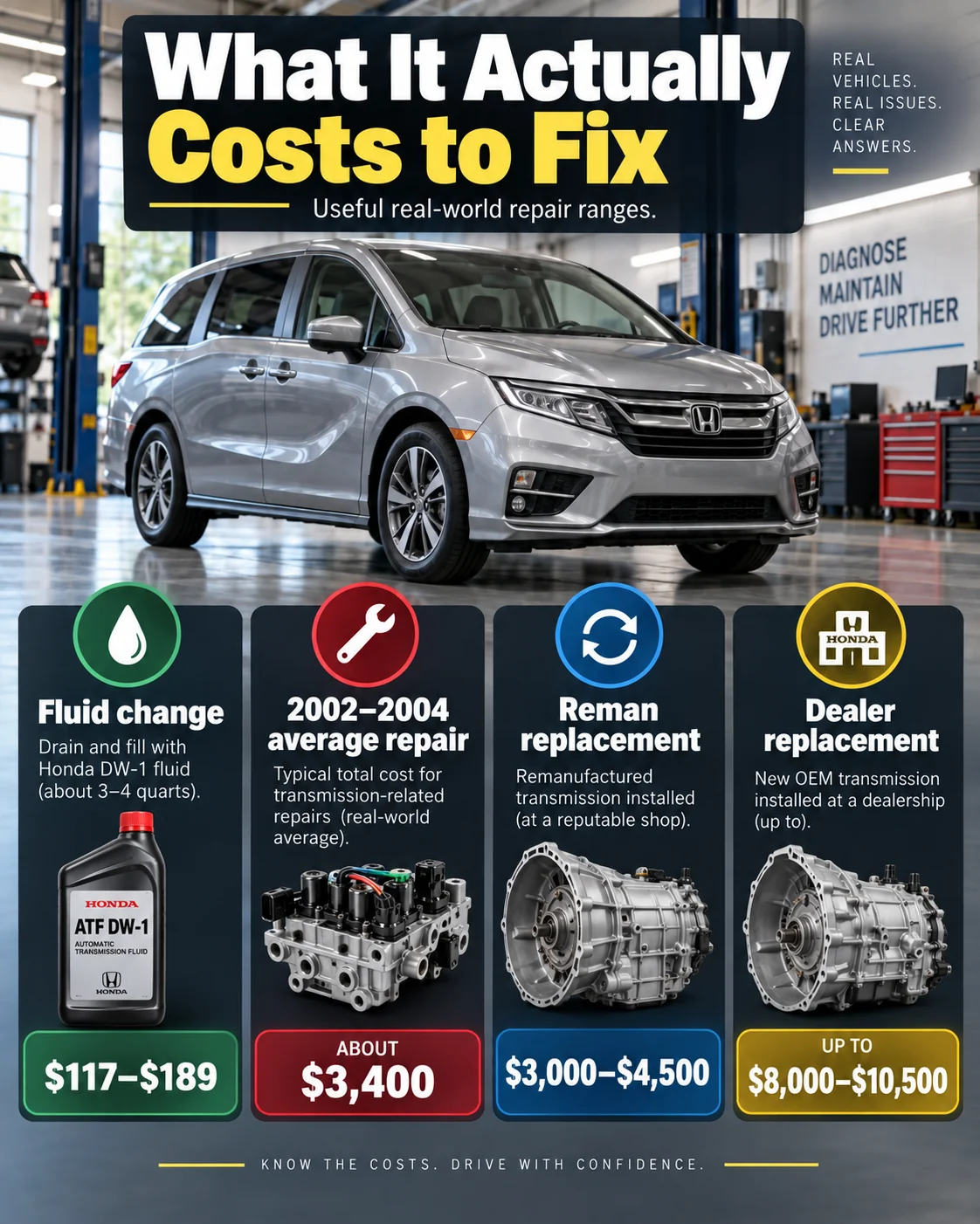 Illustrated comparison of the article’s reported Honda Odyssey fluid-service and transmission-replacement costs.
