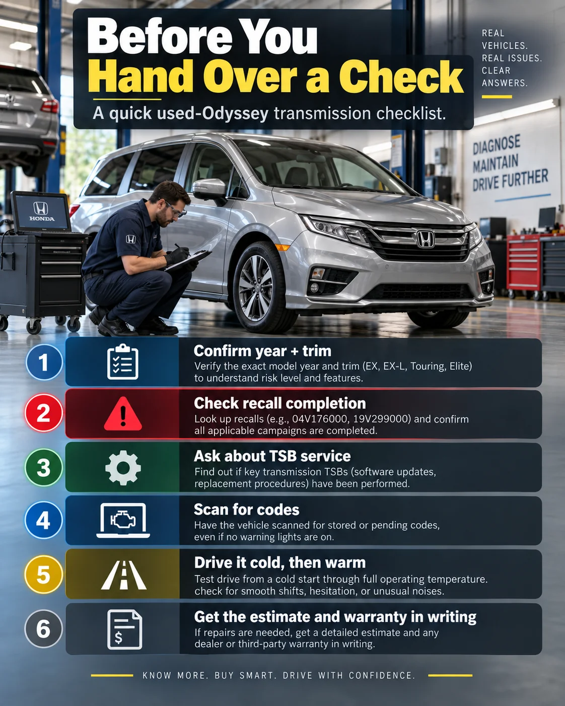 Six checks before buying a used Honda Odyssey: year and trim, recalls, service records, fault codes, cold and warm test drives, and written estimates.